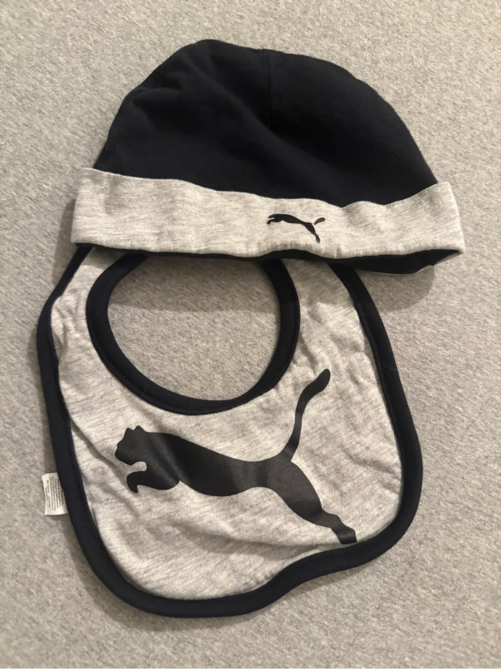 6-9 month Puma Kids Black and Light Gray Beanie Hat with Matching Bib